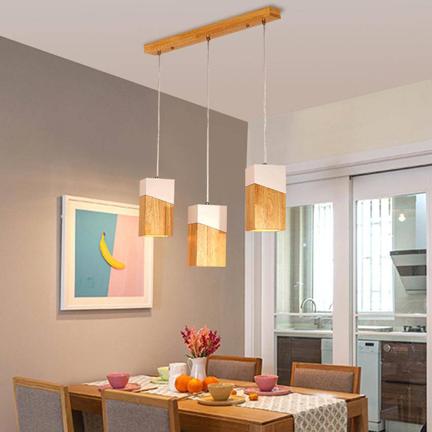 Suspension moderne LED en cube de bois design - vue 6 sur 8