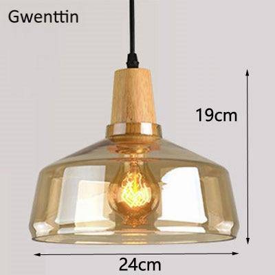 Suspension design LED en bois avec abat-jour arrondi en verre Nordic