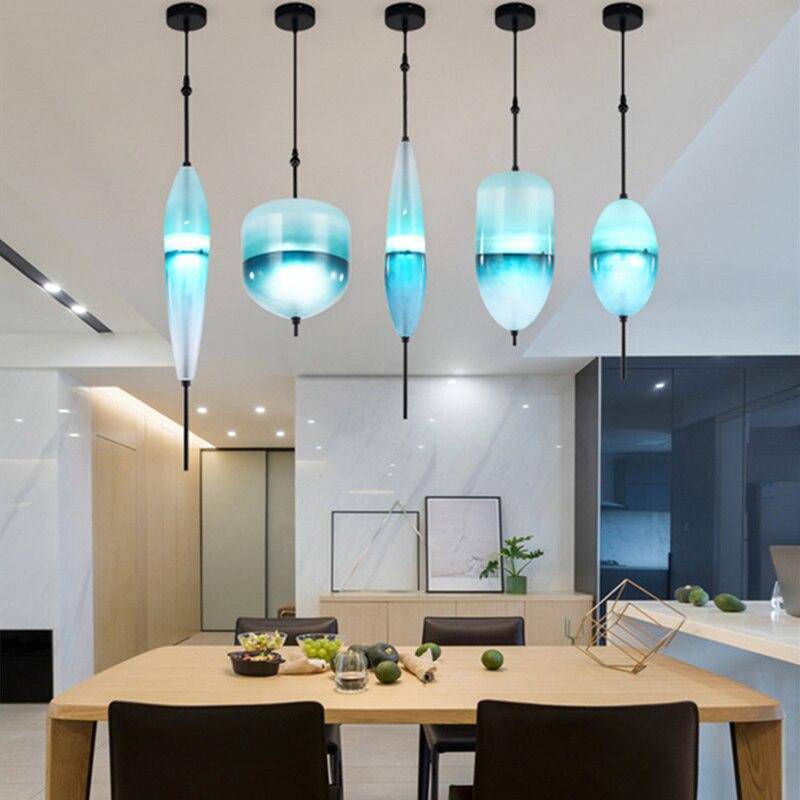 Suspension design LED en verre bleu de plusieurs formes