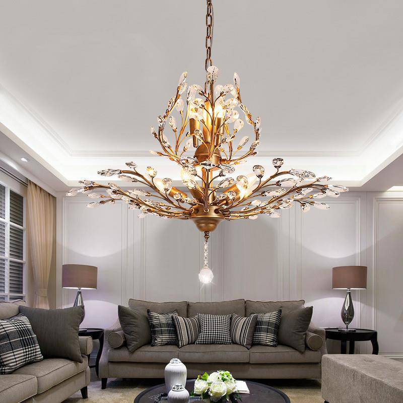 Lustre LED en cristal doré à feuilles