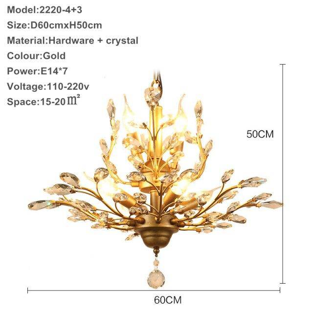 Lustre LED en cristal doré à feuilles