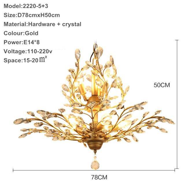 Lustre LED en cristal doré à feuilles