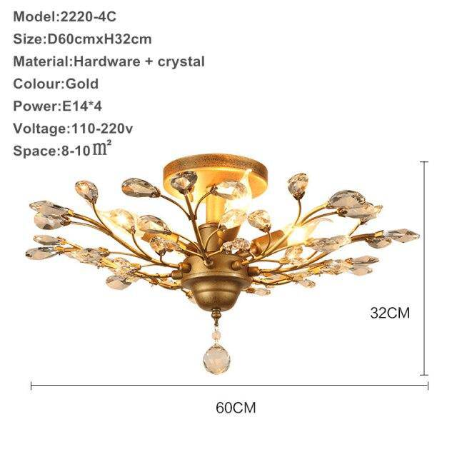 Lustre LED en cristal doré à feuilles