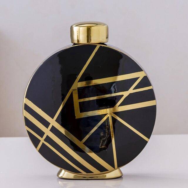 Vase design noir aux motifs géométriques abstraits dorés Luxury