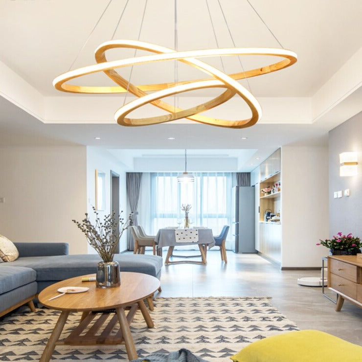 Lustre moderne LED avec anneau en bois lumineux Ibarne