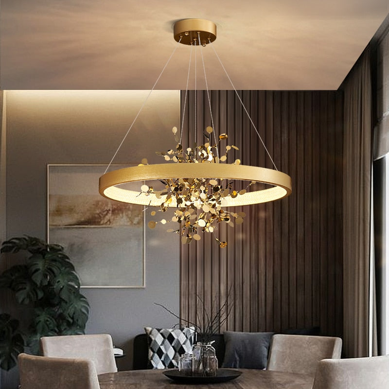 Lustre moderne LED avec anneau et feuilles dorées Bahia - vue 4 sur 5