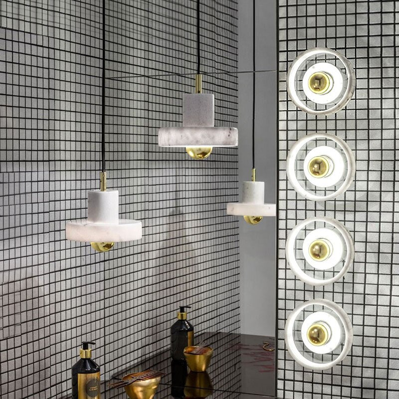 Lustre design LED avec abat-jour en marbre blanc Luxia - vue 3 sur 8