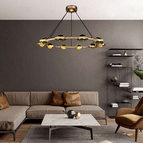 Lustre moderne luxe circulaire en cuivre et cristal Pryccilia