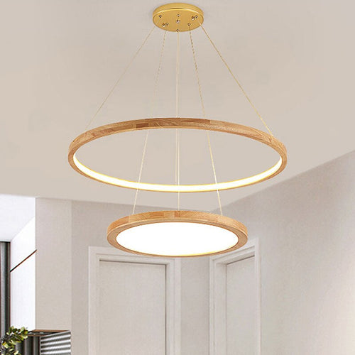 Lustre scandinave avec 2 anneaux lumineux en bois Arya