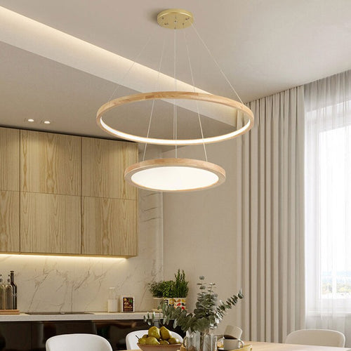 Lustre scandinave avec 2 anneaux lumineux en bois Arya
