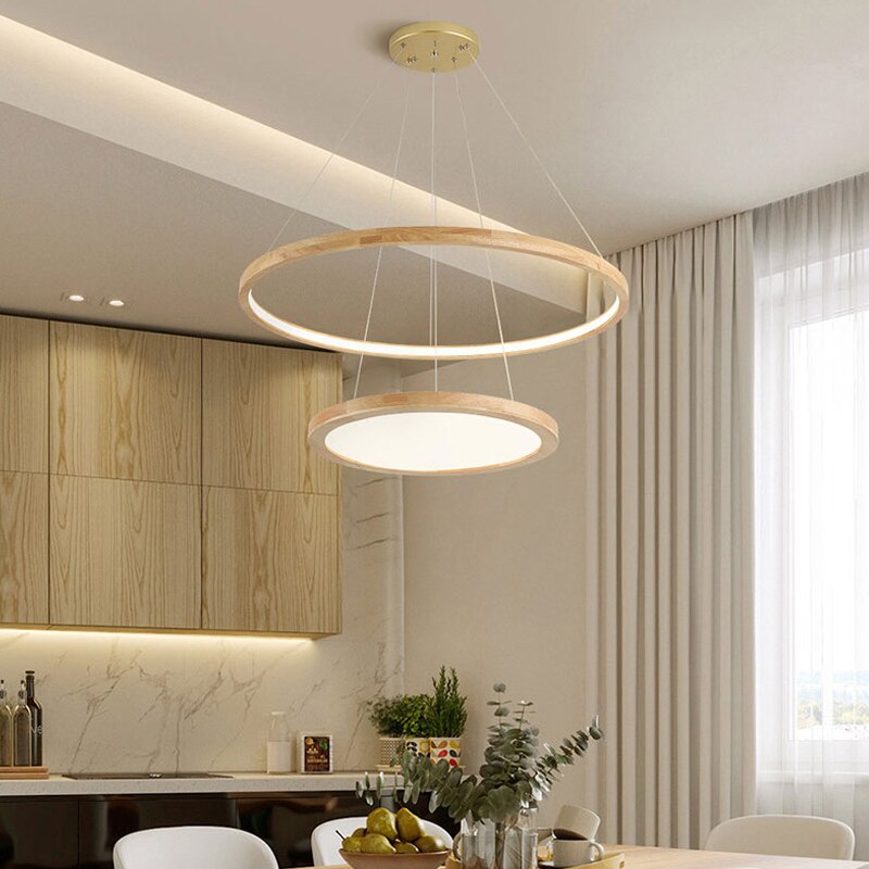 Lustre scandinave avec 2 anneaux lumineux en bois Arya
