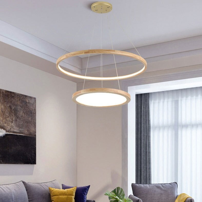 Lustre scandinave avec 2 anneaux lumineux en bois Arya
