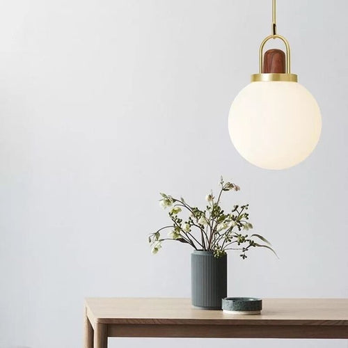 Suspension moderne LED abat-jour en verre et détails en bois Ona