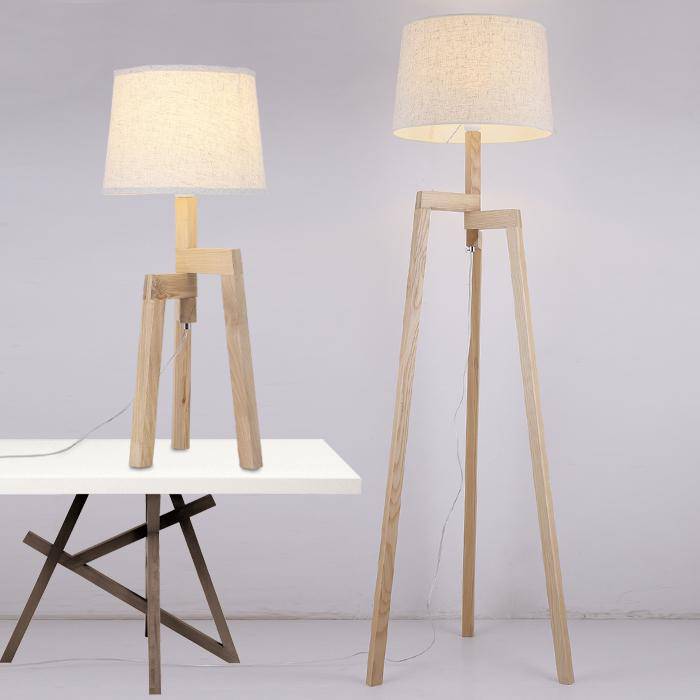 Lampadaire en bois Modern Wood sur 3 pieds avec abat-jour en tissu