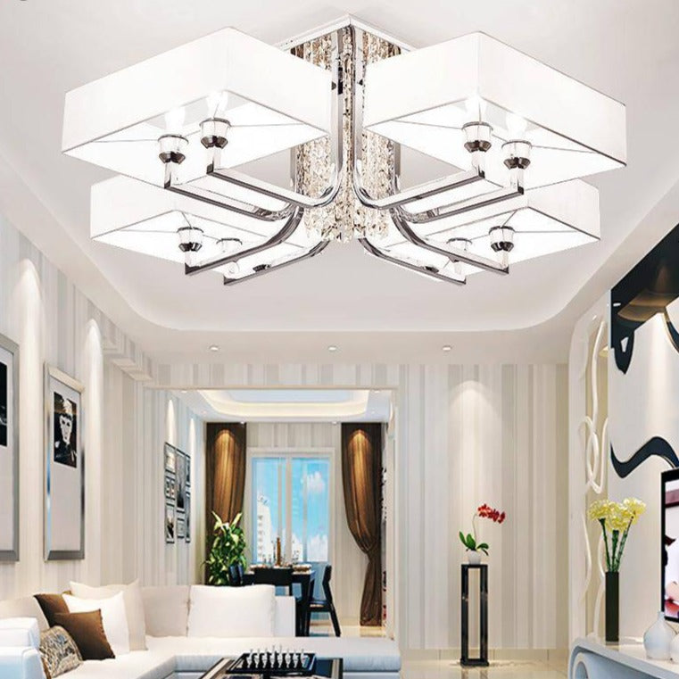 Lustre design chromé en cristal et verre avec grand abat-jour Luxe