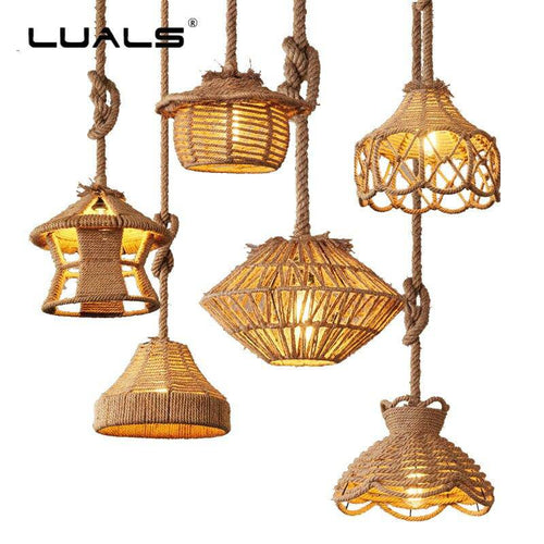 Suspension rustique LED avec abat-jour de plusieurs formes et cordage