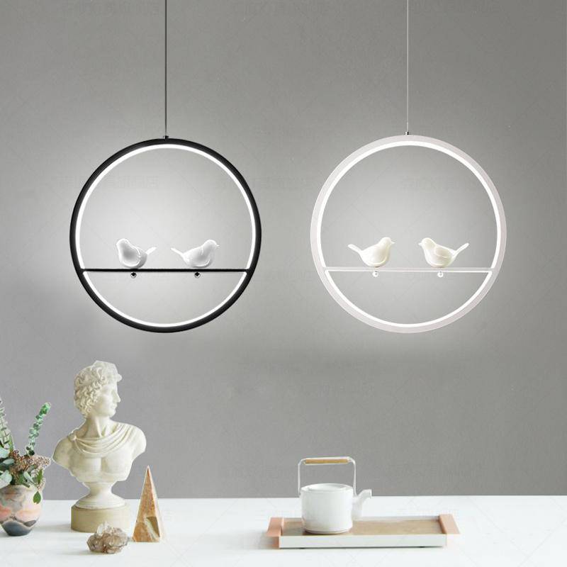 Suspension LED moderne rond avec oiseaux (noir ou blanc) - vue 3 sur 10