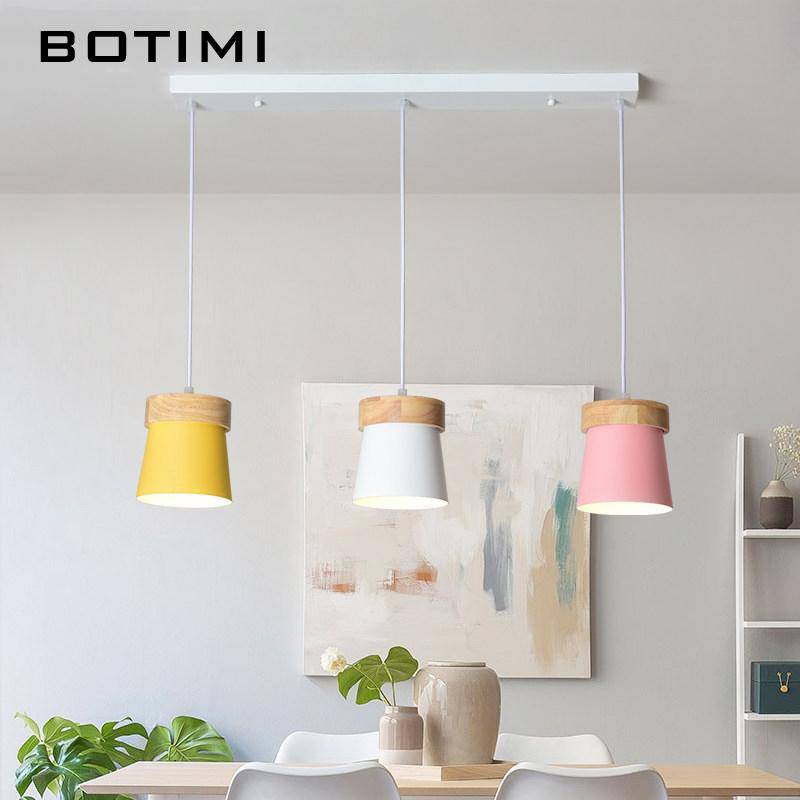 Suspension triple à LED en bois et métal de couleur - vue 4 sur 7