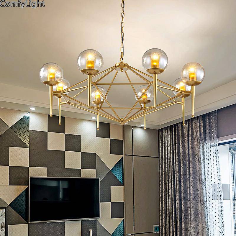 Lustre design vintage doré et boule en verre style loft - vue 4 sur 6