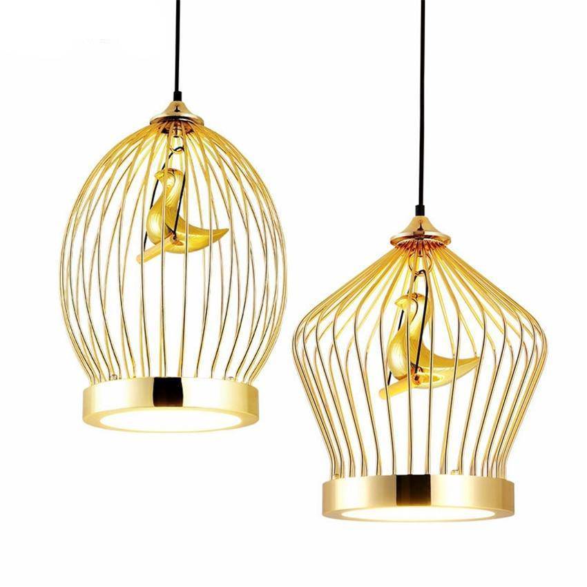 Suspension LED doré oiseau en cage - vue 4 sur 7
