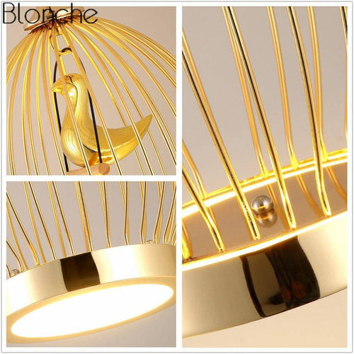 Suspension LED doré oiseau en cage - vue 8 sur 7