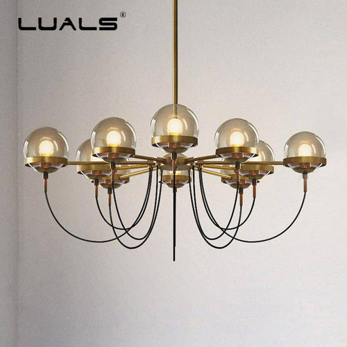Lustre design industriel doré avec boule en verre - vue 3 sur 7