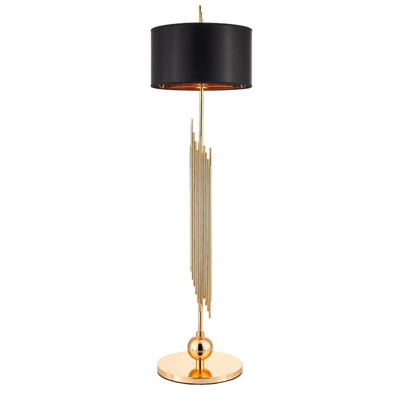 Lampadaire design doré avec abat-jour noir arrondi body - vue 9 sur 8