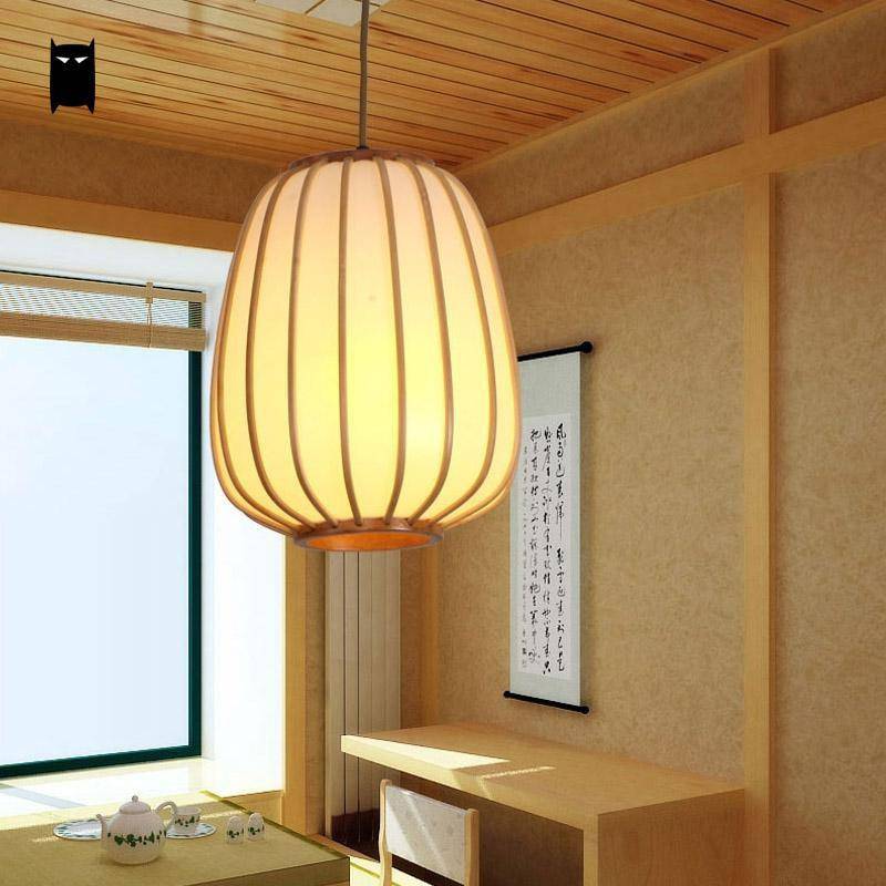 Suspension design en bambou LED avec abat-jour arrondi style japonais - vue 3 sur 5