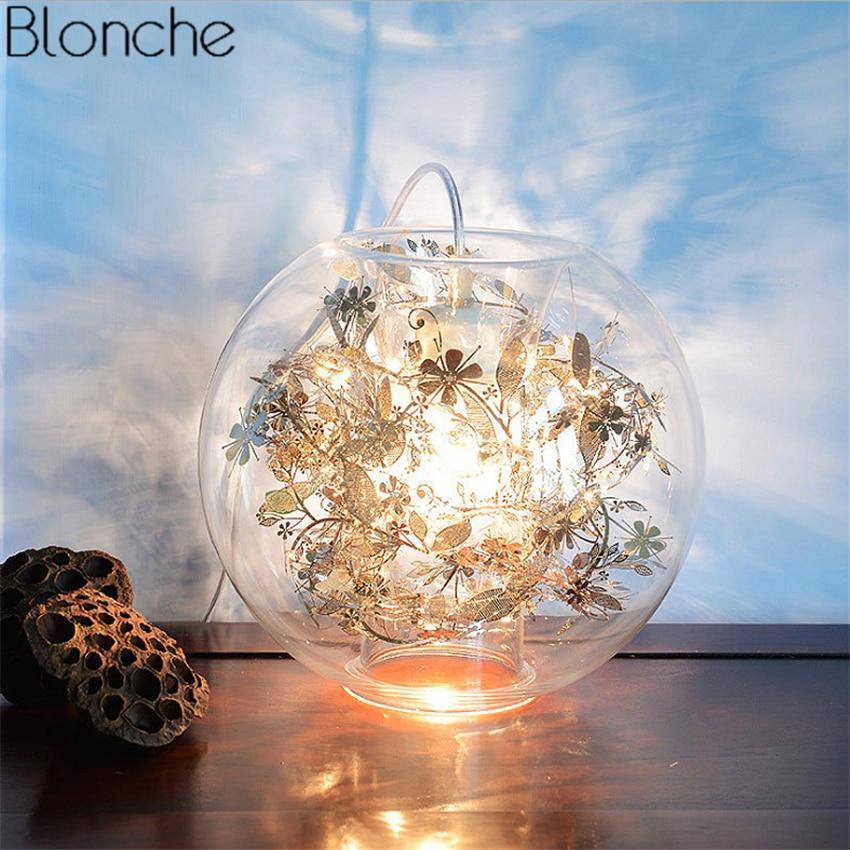 Lampe à poser boule en verre avec feuilles - vue 2 sur 10