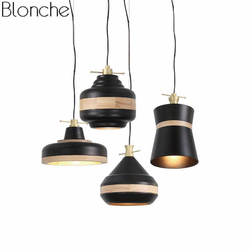 Suspension moderne LED noire et bandeau bois Country - vue 5 sur 11