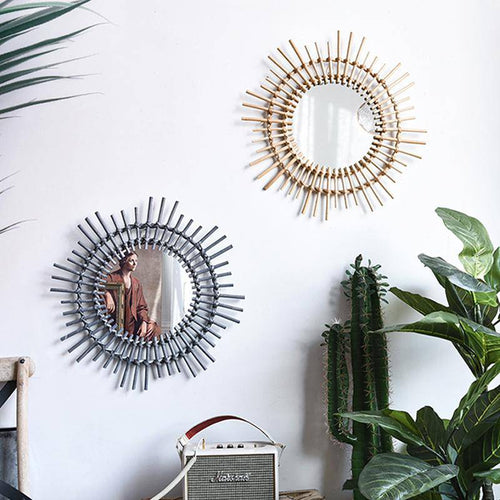 Miroir mural décoratif rond en rotin doré Rattan