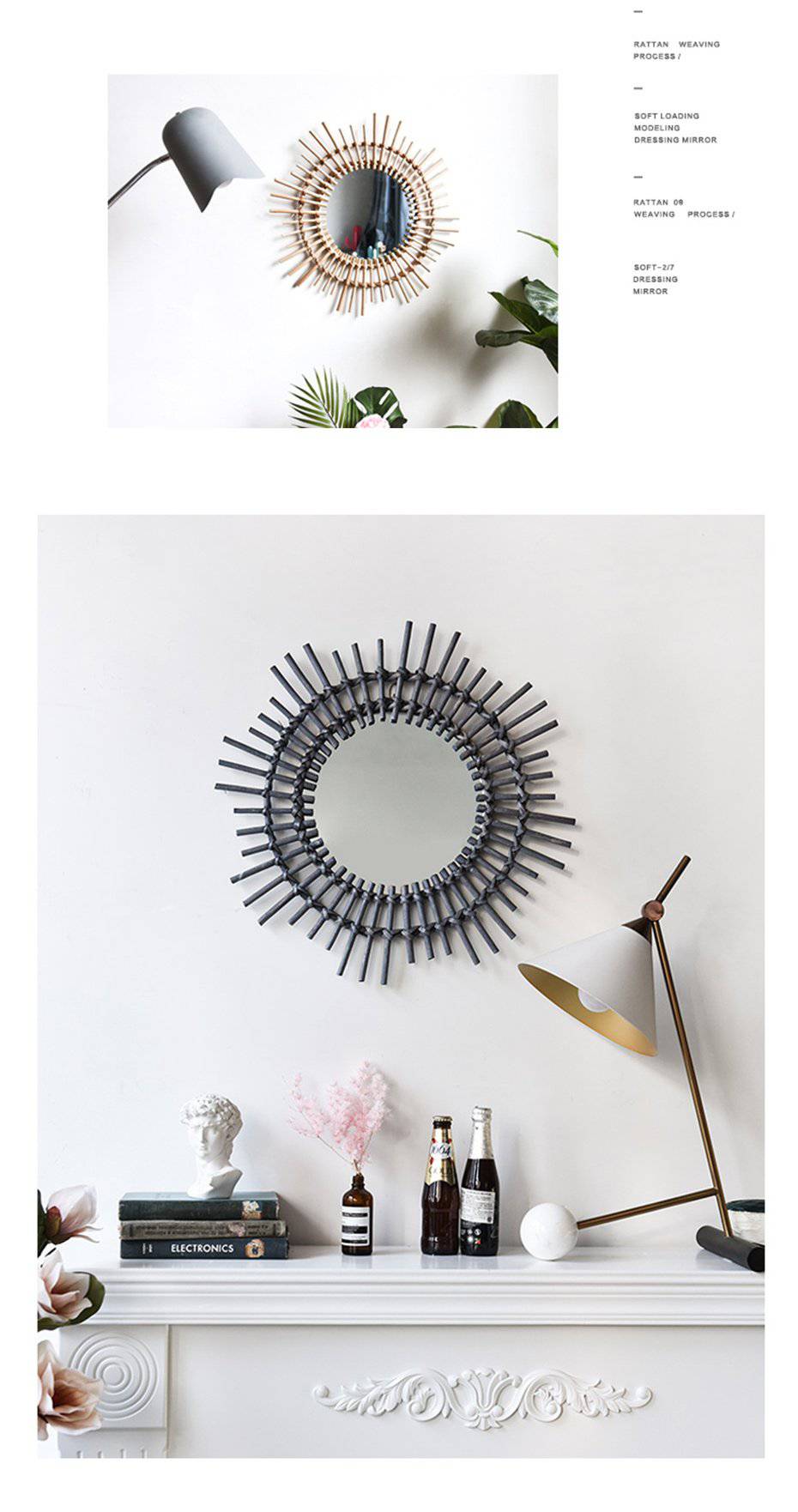 Miroir mural décoratif rond en rotin noir Rattan - vue 5 sur 4