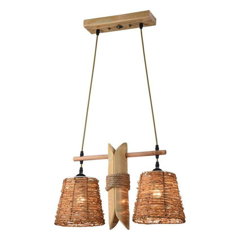 Suspension rustique LED avec deux abat-jours en rotin