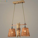Suspension rustique LED avec deux abat-jours en rotin