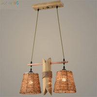 Suspension rustique LED avec deux abat-jours en rotin
