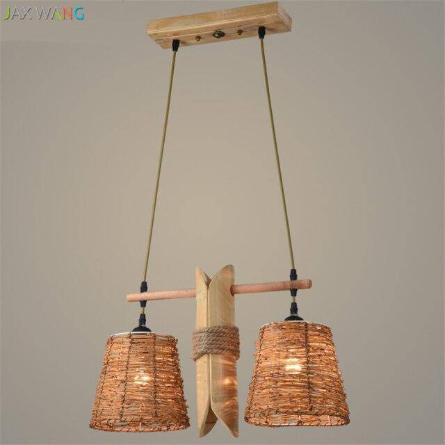 Suspension rustique LED avec deux abat-jours en rotin