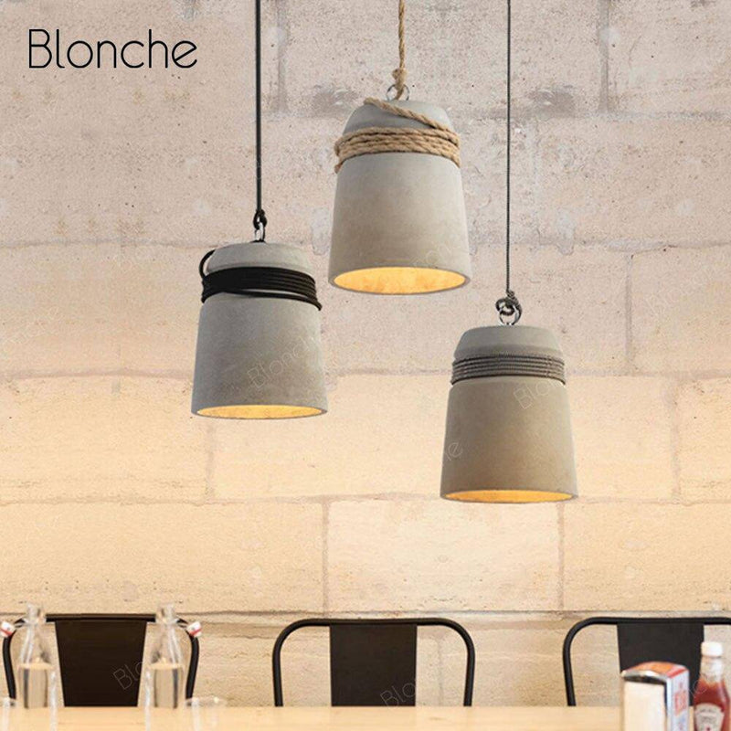 Suspension design à LED avec abat-jour en ciment et corde rustique