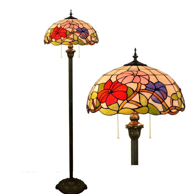 Lampadaire tiffany avec abat-jour en verre vitrail rouge et vert
