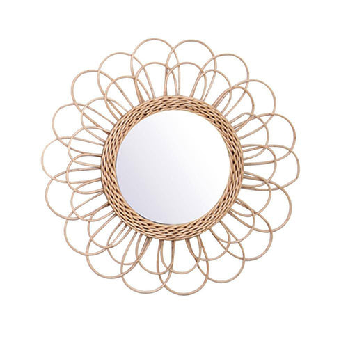 Miroir mural décoratif rond à pétale de fleur en rotin