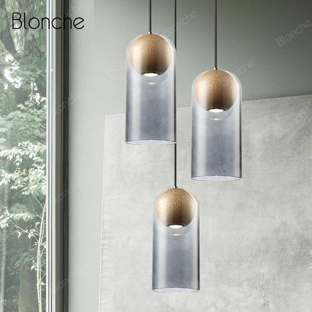 Suspension design LED en verre et bois style industriel - vue 5 sur 5