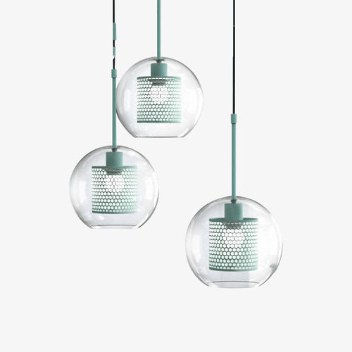 Suspension design à LED cage dans boule en verre