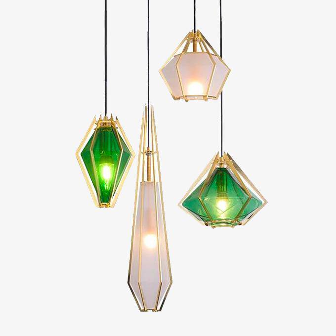 Suspension design à LED en verre et cage dorées