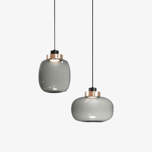 Suspension design LED avec sphère en verre et cercle cuivré