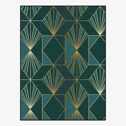 Tapis rectangle vert et figures géométriques dorées House